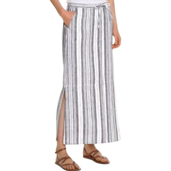 Garnet Hill Maxi Skirt Womens 8 White Gray Linen Stripes Slits Nautical Coastal - Picture 1 of 12
